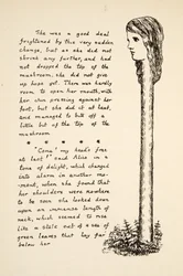 キノコをたくさん食べた後、アリスの首が伸びます。イラストは、パブのAlices Adventures Under Groundです。 1886（ファクシミリ）